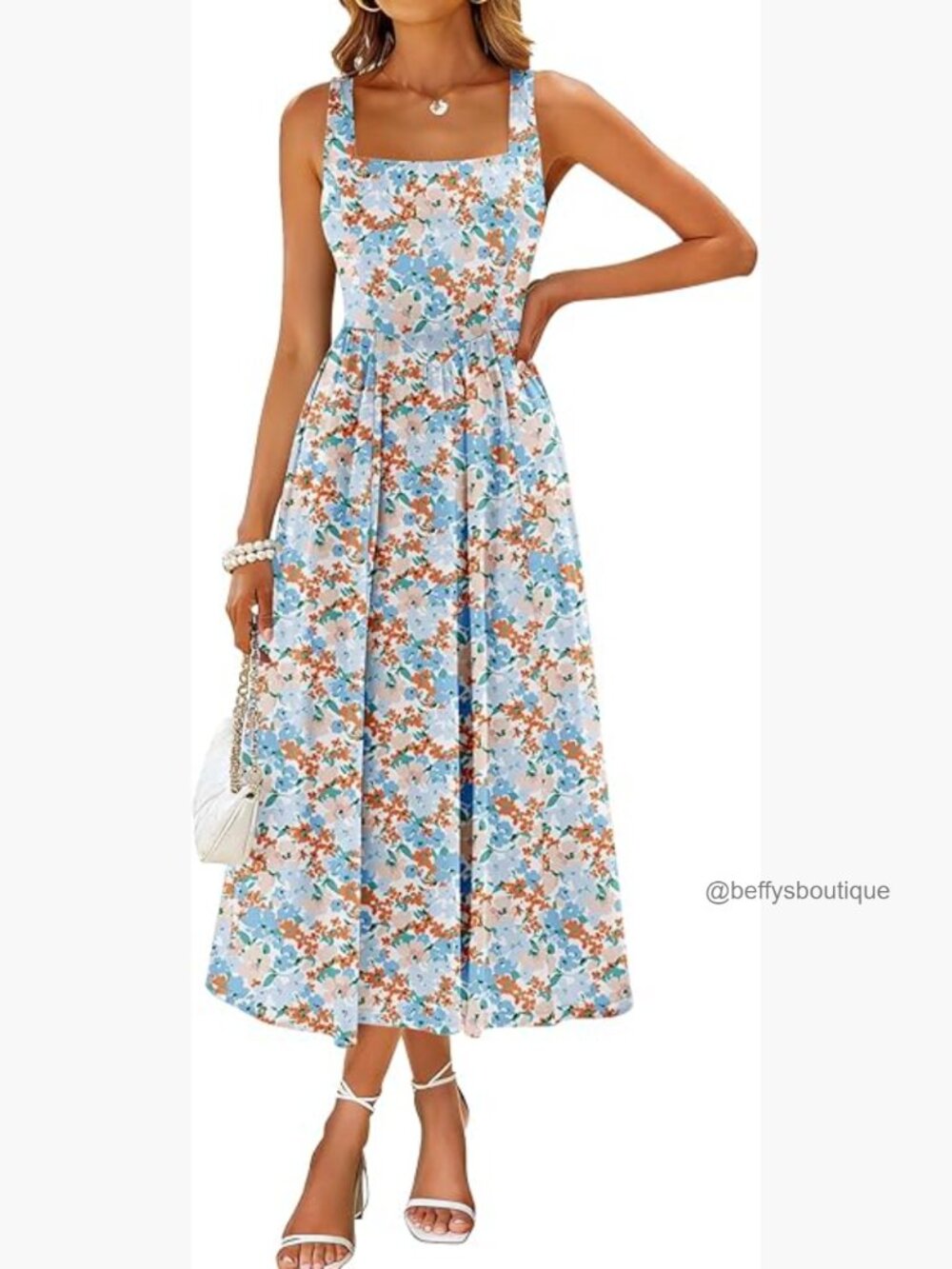 Midi Dress Square Neck Tank Sleeveless A Line Summer Dress with Pockets - Picture 1 of 7